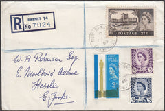 97400 - 1969 2/6 CASTLE UK REGISTERED USAGE BARNET TO S. YORKS. Envelope sent registered mail Barnet to Hessl...
