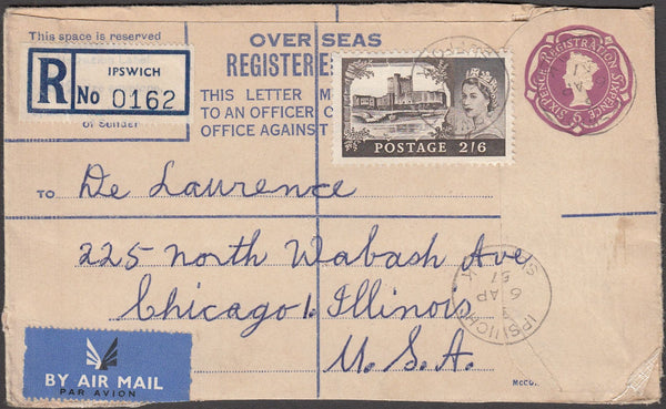 97411 - 1957 QEII 6d mauve registered envelope Ipswich to ...
