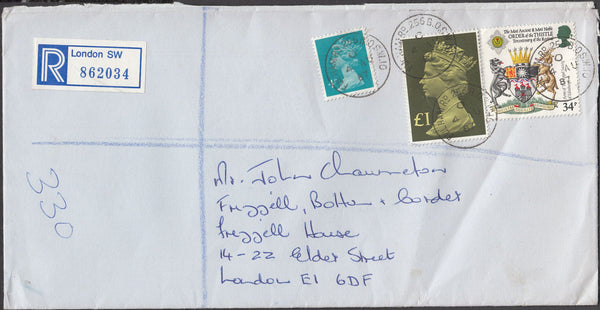 97422 - 1987 LONDON REGISTERED MAIL/£1 (SG1026). Large envelope (220x112) sent registered mail within London w...