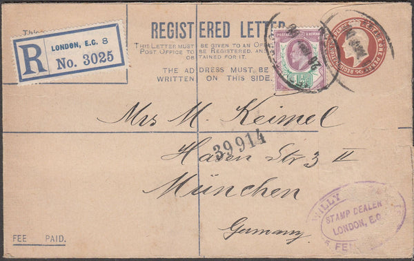 97425 - 1909 KEDVII 3d red-brown registered envelope Londo...