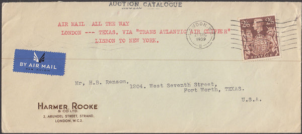 97439 - 1939 MAIL LONDON TO USA 2/6D BROWN (SG476)/'HARMER ROOKE'. Large envelope (225 x 100) London to Texas, U...