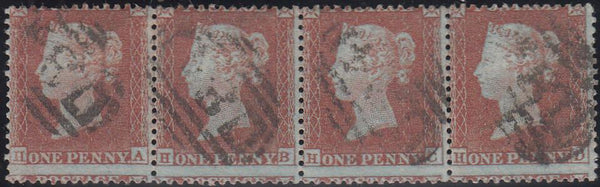 97448 - 1855 DIE 1 RES.PL.6 STRIP OF FOUR S.C. PERF 14 (SG22) LETTERED HA ...