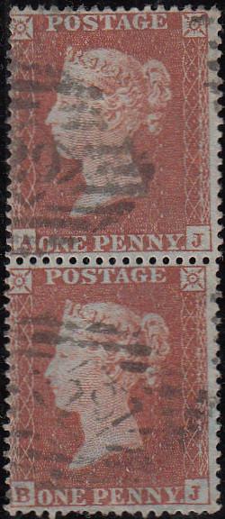 97710 - PL.196 (AJ BJ)(SG17). Good used vertical pair 1854 Die 1 1d pl.1...