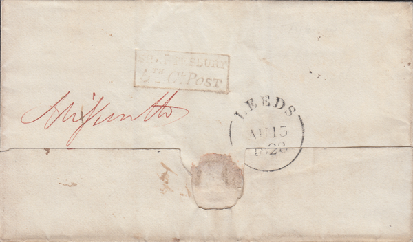 97817 - 1828 DORSET/'SHATESBURY 5TH CL. POST' HAND STAMP TYPE G (DT472)/MISSENT TO LEEDS. Wrapper Wincanton to Bradf...