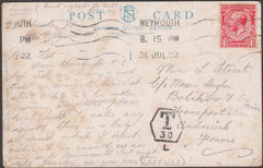 97897 - 1922 UNDERPAID MAIL WEYMOUTH TO FRANCE.