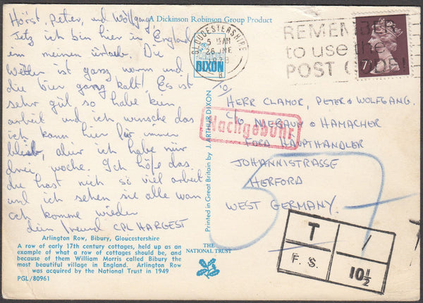 97908 - 1978 UNDERPAID MAIL UK TO WEST GERMANY.