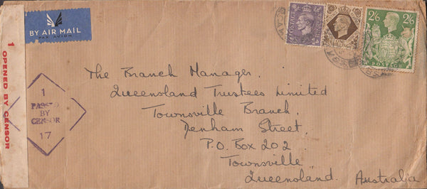 97976 1943 AIR MAIL CHATTERIS, CAMBS TO AUSTRALIA WITH 2/6D YELLOW-GREEN (SG476b).