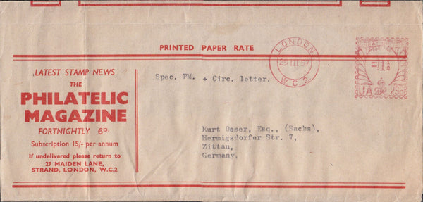 97991 - 1957 PRINTED MATTER/PHILATELIC MAGAZINE UK TO GERMANY.