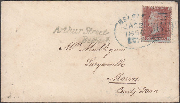 98038 - 1856 BELFAST ENGLISH TYPE (a) IRISH SPOON IN BLUE ON COVER (RA10)/PL.20 (C6)(SJ).