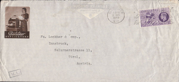 98105 1949 ADVERTISING MAIL TOTTENHAM TO AUSTRIA WITH 6D U.P.U. (SG500).