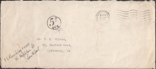98127 1951 UNPAID MAIL USED LOCALLY IN LIVERPOOL.