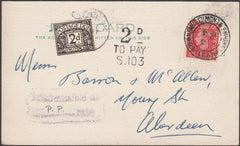 98240 - 1949 UNDERPAID MAIL KENNETHMONT TO ABERDEEN.
