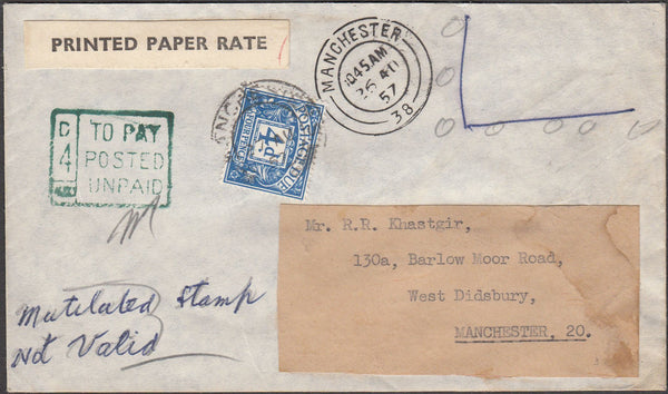 98311 - 1957 UNPAID MAIL USED LOCALLY IN MANCHESTER.