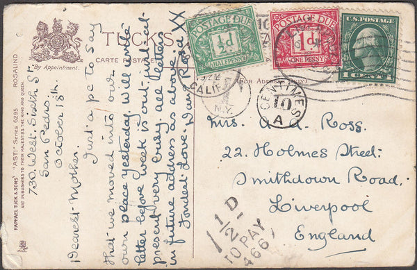 98369 - 1922 UNDERPAID MAIL US TO LIVERPOOL.