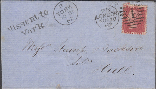 98622 - 1862 "MISSENT TO YORK" HAND STAMP.