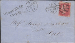 98622 - 1862 "MISSENT TO YORK" HAND STAMP.