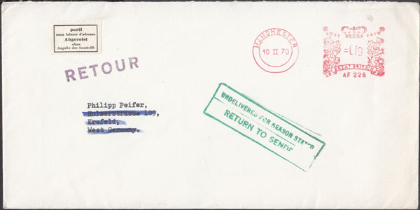 99058 - 1970 UNDELIVERED MAIL MANCHESTER TO WEST GERMANY.