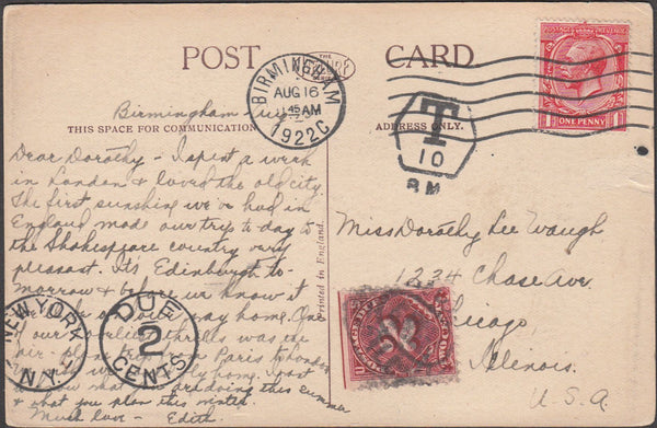 99069 - 1922 UNDERPAID MAIL BIRMINGHAM TO CHICAGO.