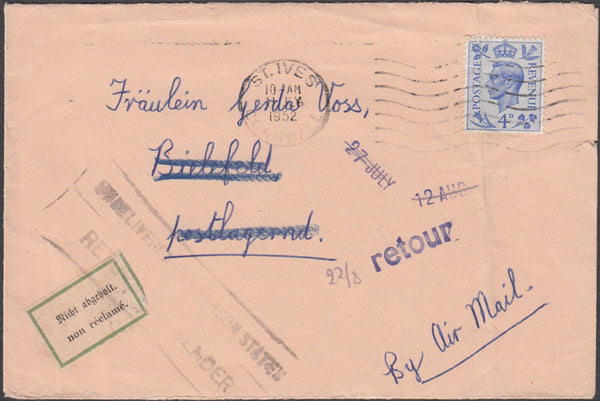 99089 - 1952 UNDELIVERED MAIL ST. IVES (CORNWALL) TO GERMANY.