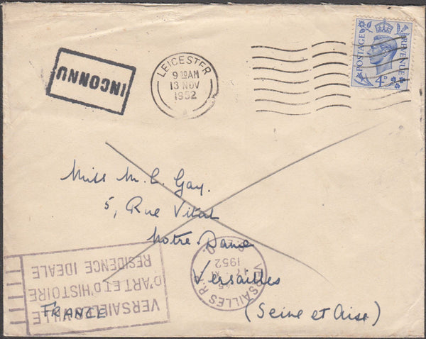 99090 - 1952 UNDELIVERED MAIL LEICESTER TO FRANCE.