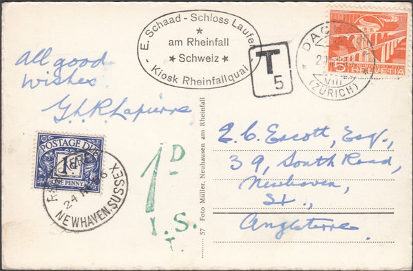 99258 - 1956 UNDERPAID MAIL SWITZERLAND TO NEWHAVEN SUSSEX.