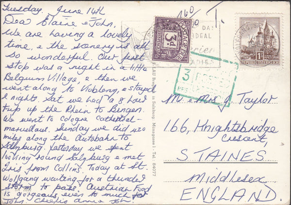 99268 - 1960 UNDERPAID MAIL AUSTRIA TO STAINES.