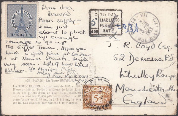 99283 - 1953 UNPAID MAIL PARIS TO MANCHESTER.
