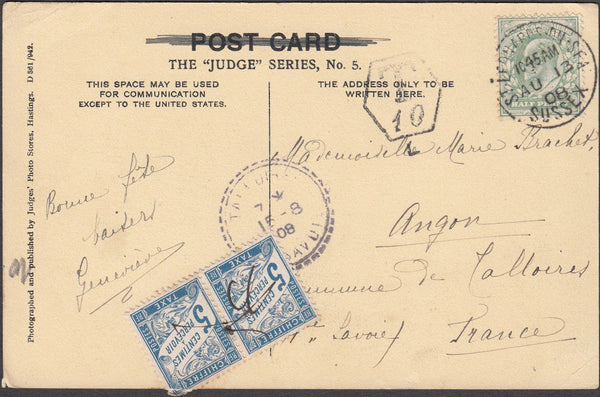 99551 - 1908 UNDERPAID MAIL SUSSEX TO FRANCE.