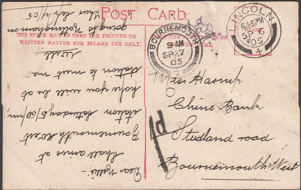99653 - 1905 UNPAID MAIL LINCOLN TO BOURNEMOUTH.
