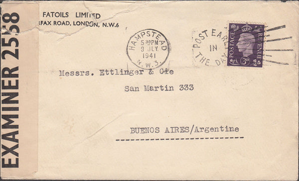 99702 - 1941 MAIL HAMPSTEAD TO ARGENTINA.