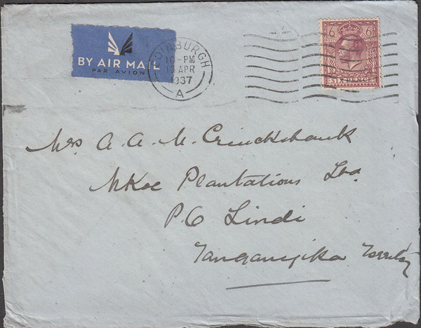 99737 - 1937 MAIL EDINBURGH TO LINDI, TANGANYIKA.