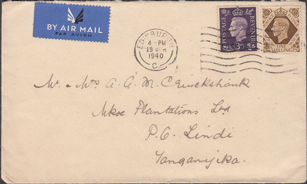 99740 - 1940 MAIL EDINBURGH TO LINDI, TANGANYIKA.
