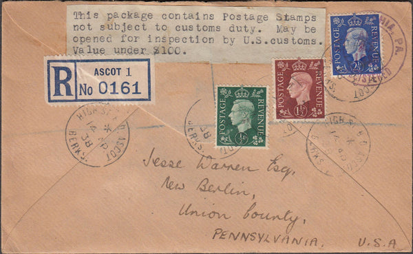 99778 - 1938 REGISTERED MAIL ASCOT TO THE USA.