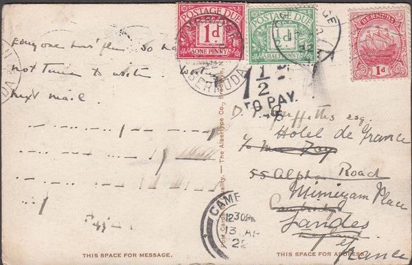 99790 - 1922 UNDERPAID MAIL BERMUDA TO ENGLAND RE-DIRECTED TO FRANCE.