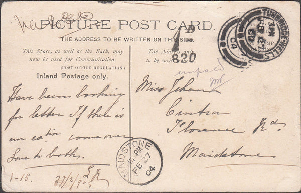 99802 - 1904 UNPAID MAIL TUNBRIDGE WELLS TO MAIDSTONE.