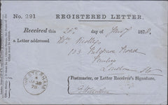 99805 - 1878 REGISTERED LETTER RECEIPT RE MAIL WESTERHAM (KENT) TO LONDON.