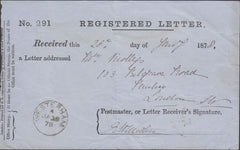 99805 - 1878 REGISTERED LETTER RECEIPT RE MAIL WESTERHAM (KENT) TO LONDON.