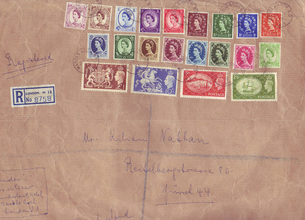 99865 - 1955 REGISTERED MAIL LONDON TO ZURICH SHOWING WILDINGS AND KGVI HIGH VALUES BEFORE INTRODUCTION OF THE QEII CASTLE HIGH VALUES.