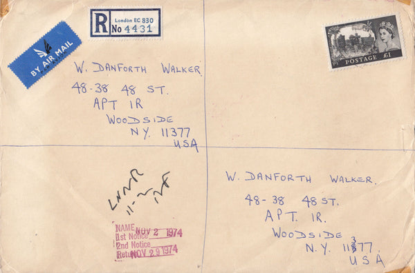99867 - 1974 REGISTERED MAIL LONDON TO NEW YORK WITH £1 CASTLE.