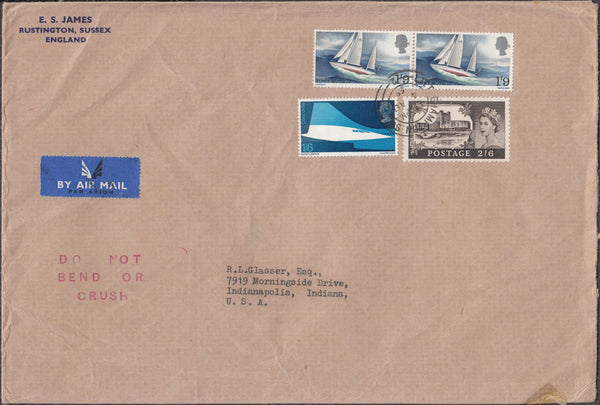 99872 1969 AIR MAIL RUSTINGTON, SUSSEX TO USA WITH 2/6D CASTLE AND COMMEMS.