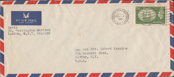 99897 1954 AIR MAIL SOUTH KENSINGTON, LONDON TO ALBANY USA WITH KGVI 2/6 YELLOW-GREEN (SG509).