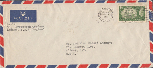 99897 1954 AIR MAIL SOUTH KENSINGTON, LONDON TO ALBANY USA WITH KGVI 2/6 YELLOW-GREEN (SG509).
