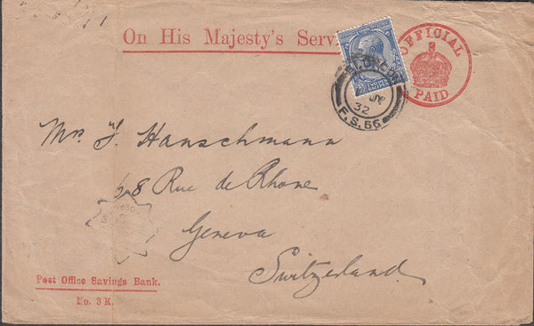 99924 - 1932 POST OFFICE SAVINGS BANK COVER LONDON TO SWITZERLAND.