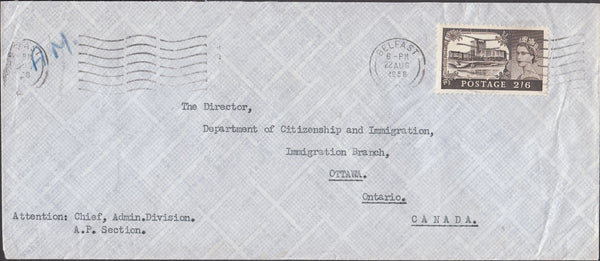 99943 - 1958 MAIL BELFAST TO CANADA WITH 2/6D CASTLE.