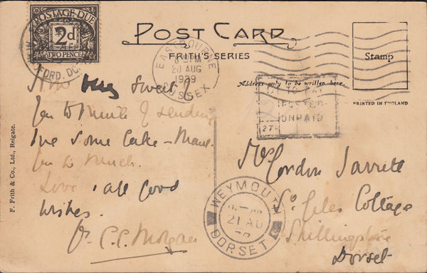 122917 1939 UNPAID MAIL EASTBOURNE TO SHILLINGSTONE (DORSET) MISSENT TO WEYMOUTH.